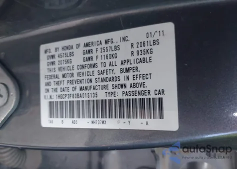 2011 Honda Accord 3.5 Ex-L z USA, uszkodzony, nr VIN 1HGCP3F80BA015135